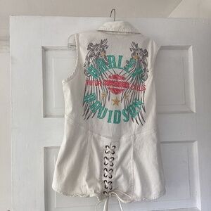 Harley-Davidson xs white and teal denim sparkle studded wings top